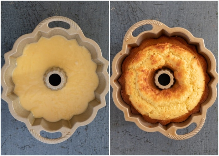 The batter before and after baked in the pan.