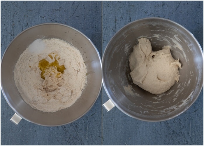 Mixing the dough in the mixing bowl.