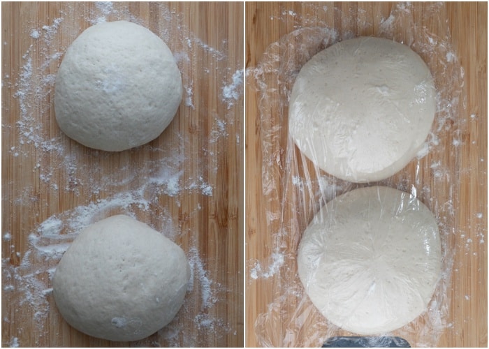 The dough balls before and after rising.