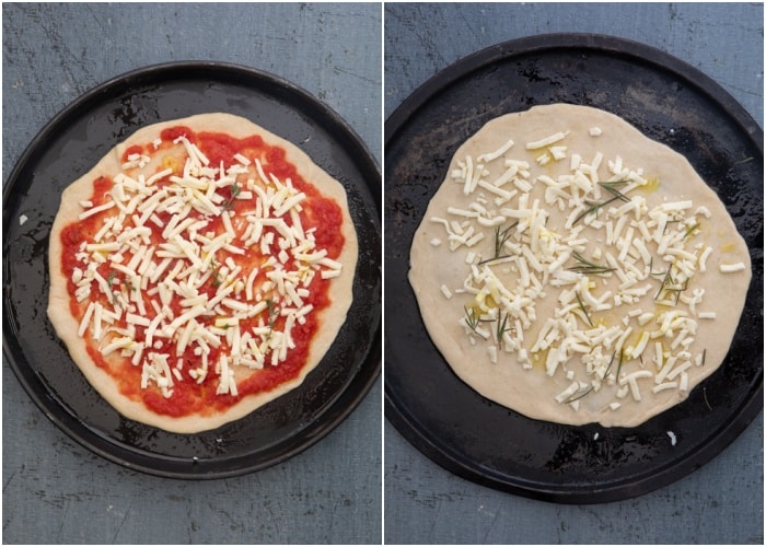 Putting the toppings on the pizza dough.