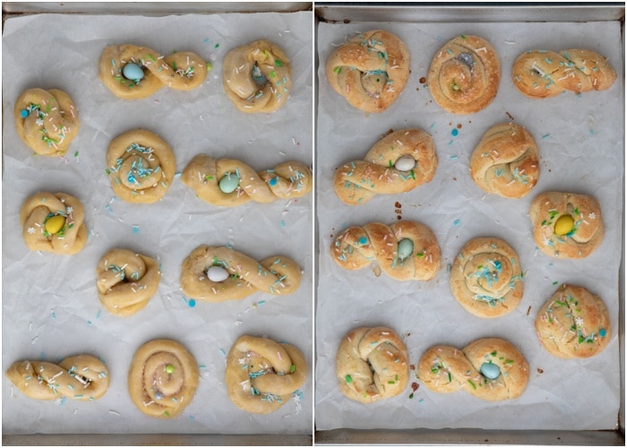 The cookies on the baking sheet before and after baking.