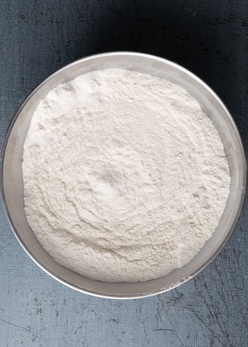 The dry ingredients whisked in a bowl.