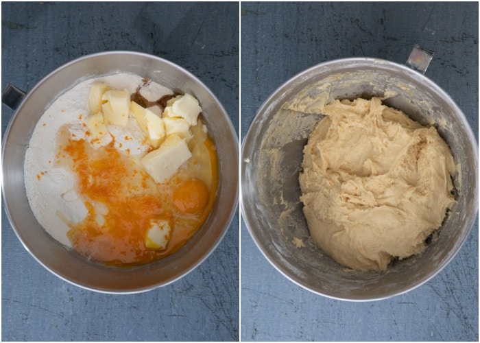 Adding the wet ingredients and the dough is mixed.