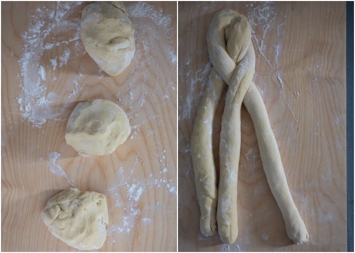The dough divided in three and starting to braid.