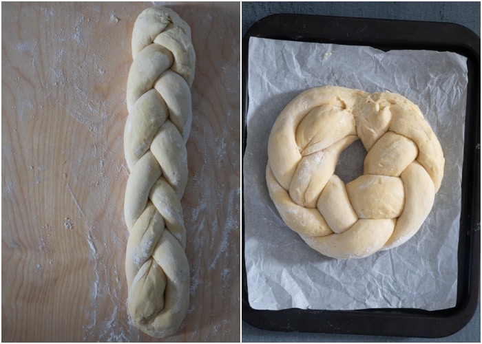 The dough braided and formed into a circle on the baking sheet.