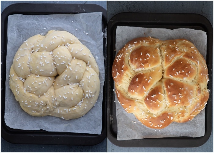 The dough before and after baked on a baking sheet.