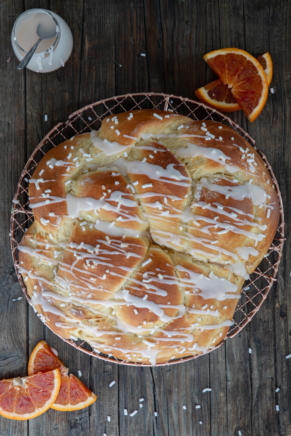 Easter bread on a wire rack.