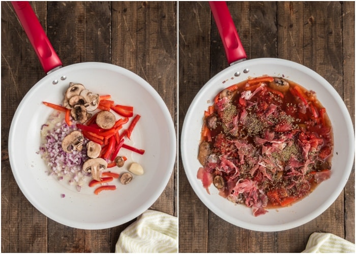 Veggies in the pan before and after cooked.
