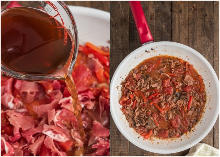 Adding the broth and cooking in the pot.