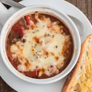 Soup in the white bowl.