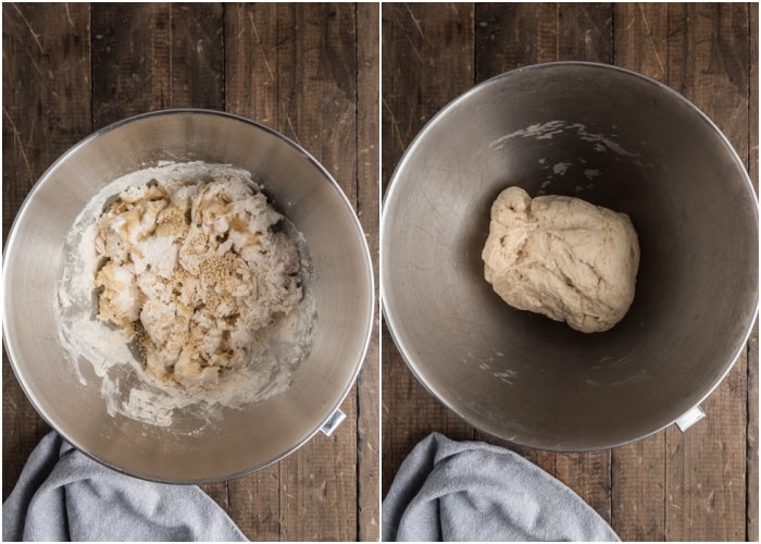 The dough before and after mixed in the mixing bowl.