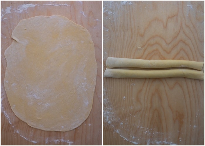 Rolling the dough out.