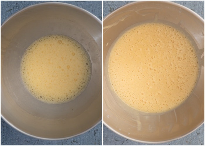 The wet ingredients whisked together in the mixing bowl.