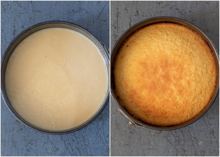 The batter in the pan before and after baked.