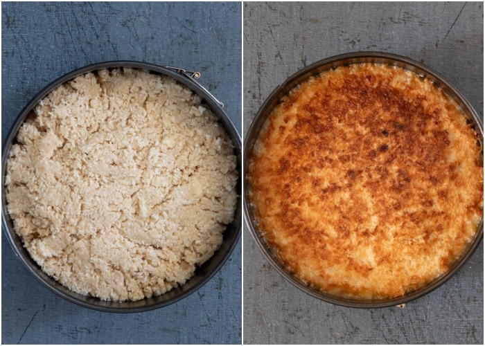 The topping before and after on the cake.