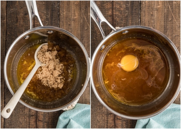 Combining the brown sugar, butter and egg in a silver pot.