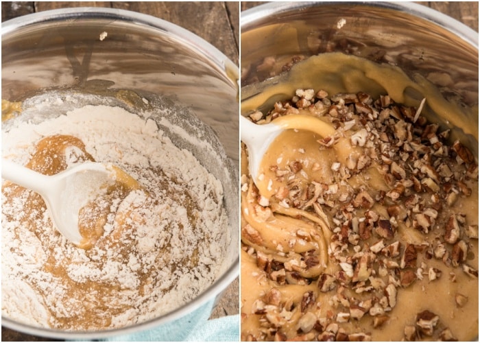 Adding the flour and pecans.