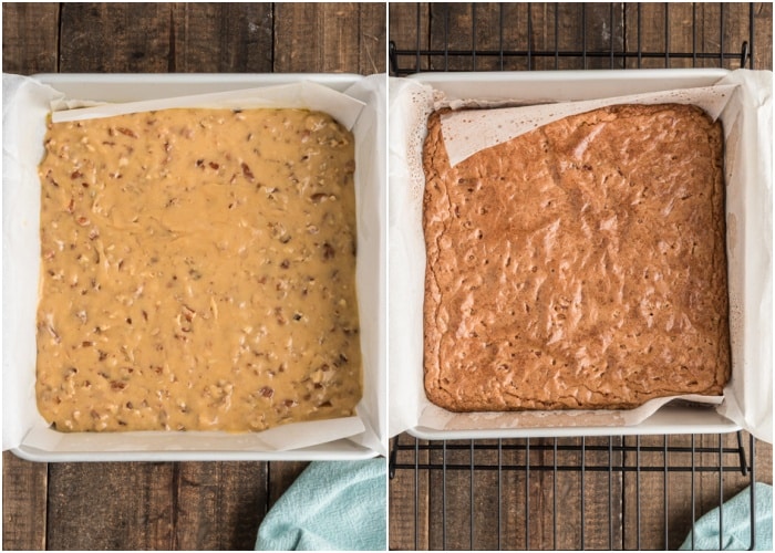 The blondies before and after baked in the pan.