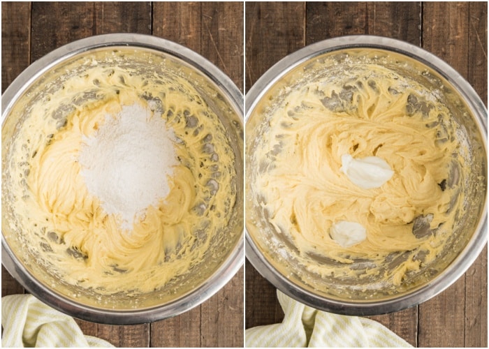 Adding the flour and yogurt to make a batter.