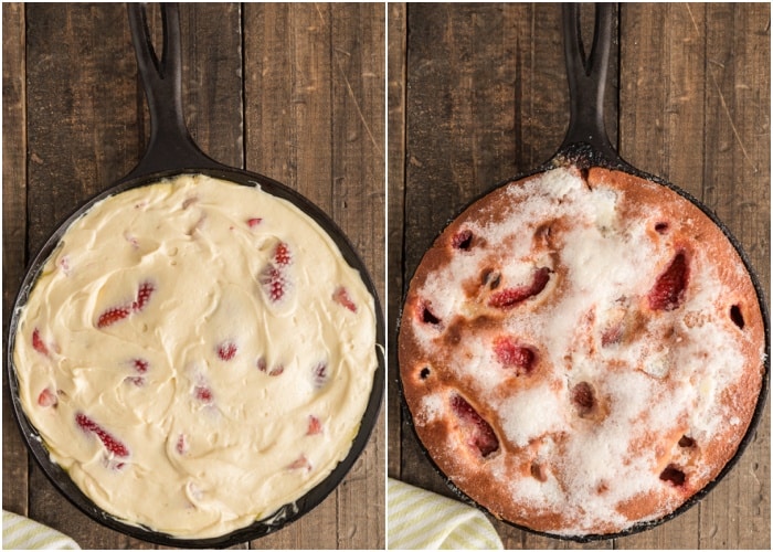The cake in the pan before and after baked.