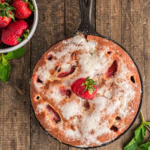 Strawberry skillet cake in the pan.
