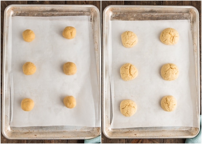 Cookies before and after baked on a baking sheet.