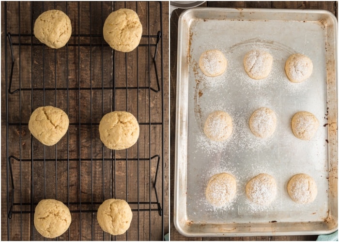 The baked cookies on a wire rack and cookies dusted with powdered sugar.
