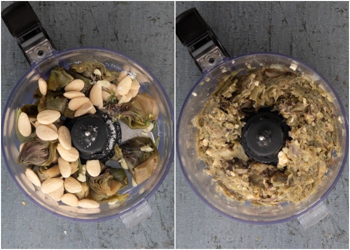 The ingredients in the food processor before and after starting to break down.