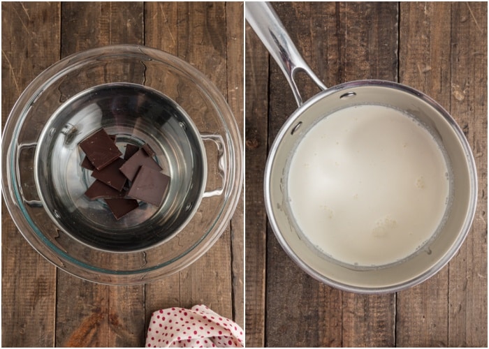 Heating the milk and the chocolate.