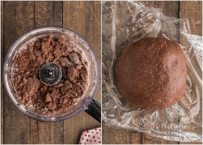 The dough mixed in the mixer and formed into a ball on plastic wrap.