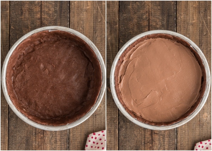 The dough in the pan and the pastry cream on top.