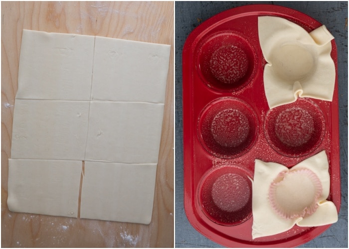 Cutting the dough and placing in the muffin tin.