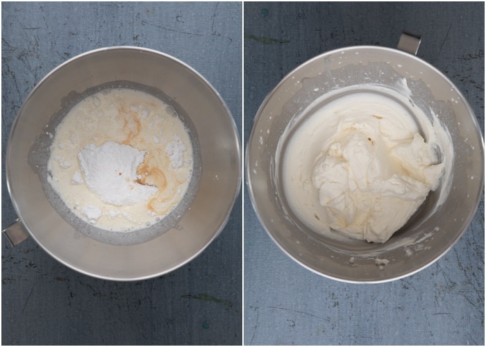 The cheesecake filling in the mixing bowl.