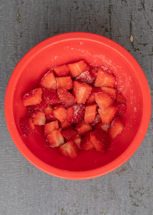 The strawberries chopped in a red bowl.