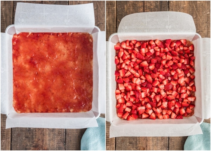 The jam and chopped strawberries on top of the base.