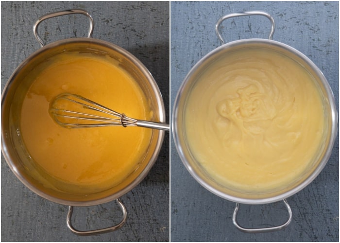 Making the pastry cream in the pot.