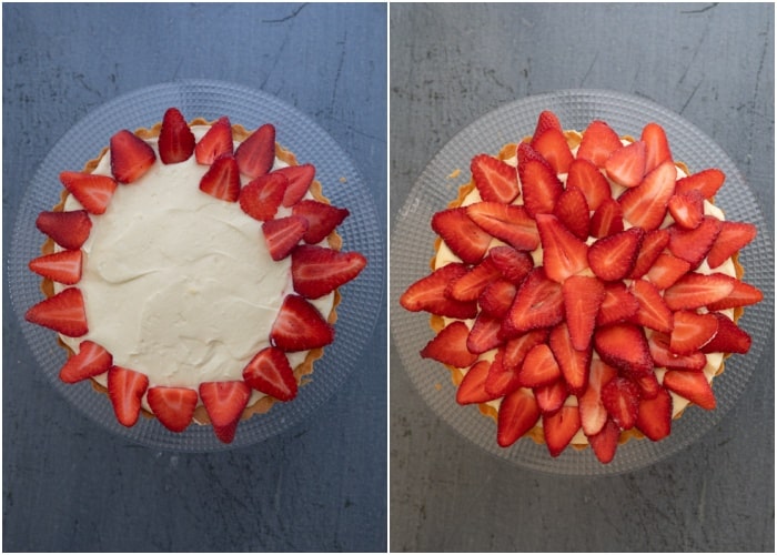 Placing the sliced strawberries on the pastry cream.