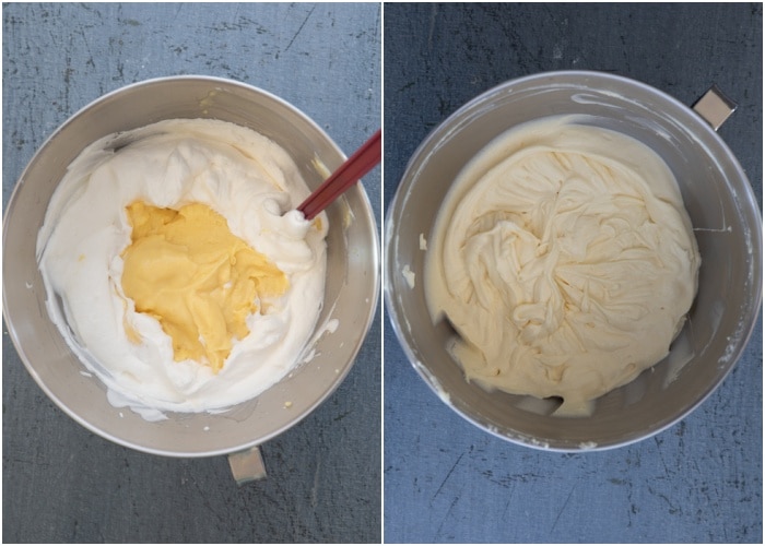 The pastry cream folded into the whipped cream in the bowl.