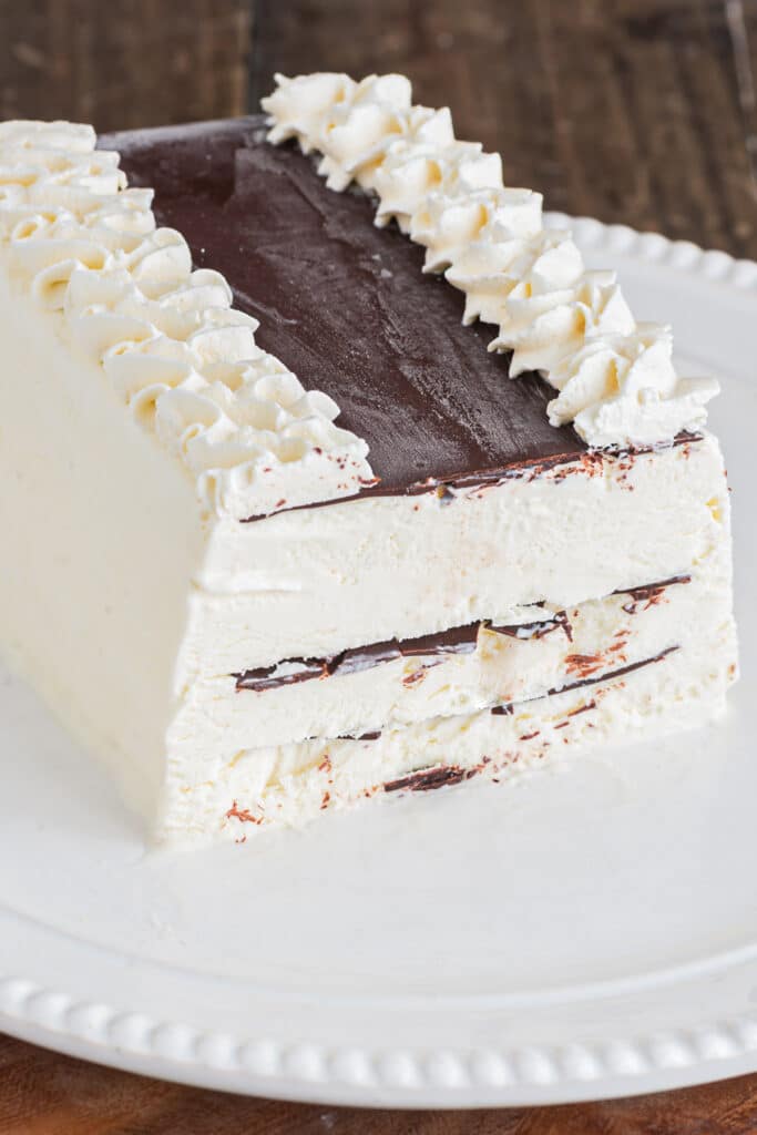 Vienetta ice cream cake on a white plate.