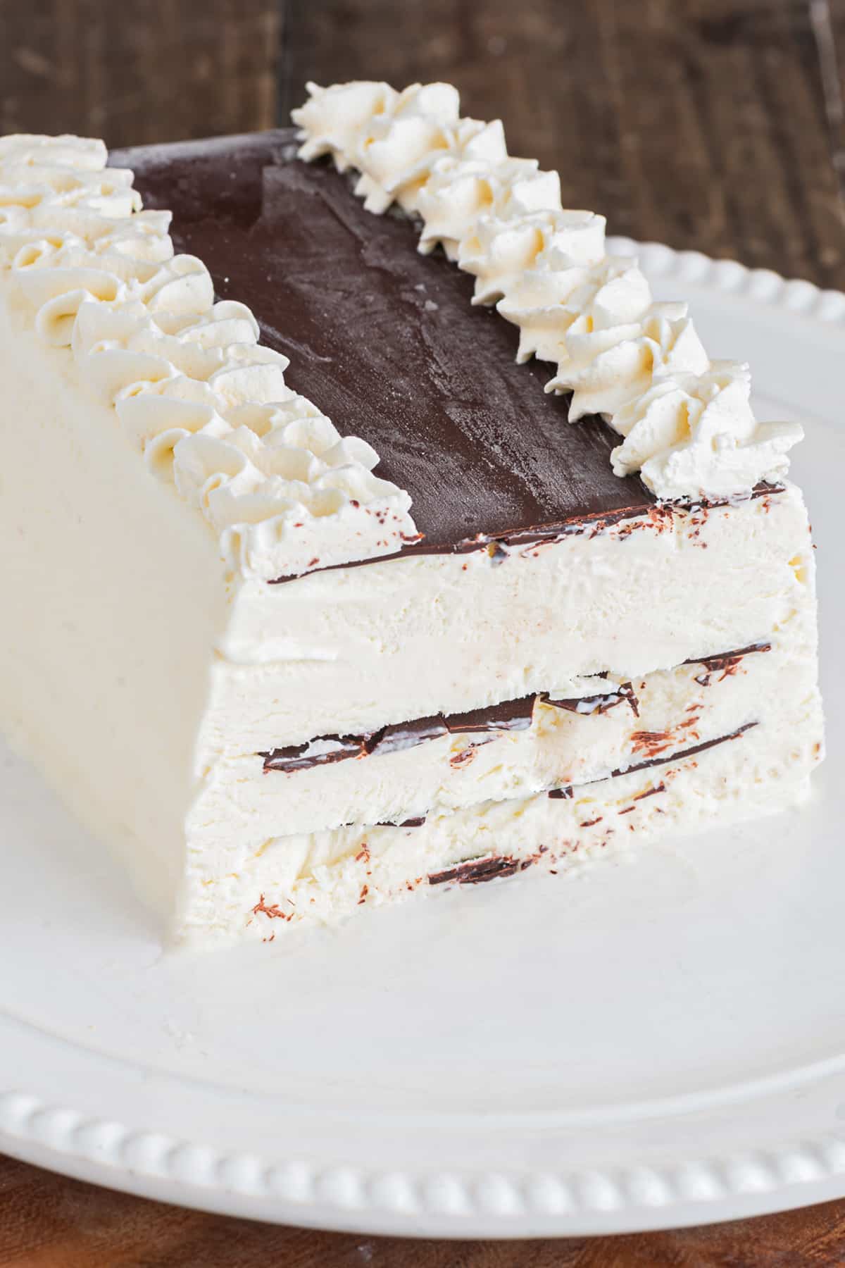 Vienetta ice cream cake on a white plate.