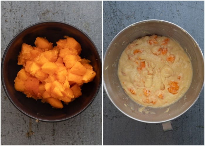 Mixing the chopped apricots and in the batter.