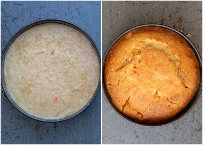 The cake in the pan before and after baked.