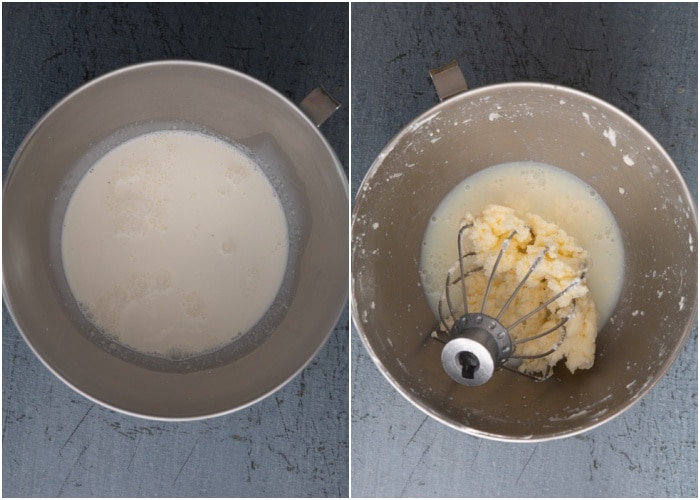 The cream in the mixing bowl and then whipped into butter.