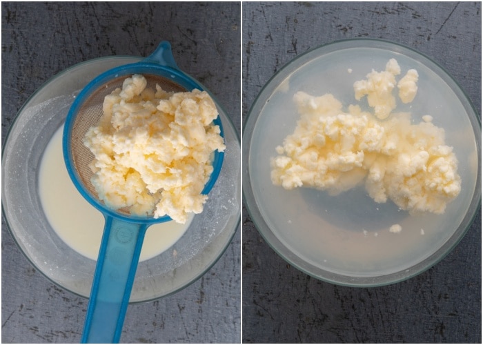 Straining the butter in a sieve and placing in cold water.
