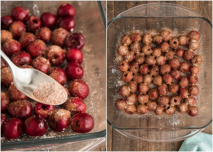 The cherries in the pan with the cinnamon mixture before and after baked.