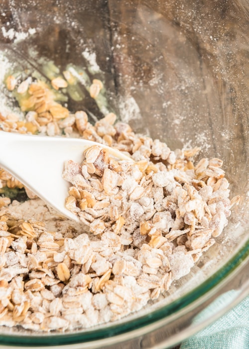 The crumble mixture in a glass bowl.