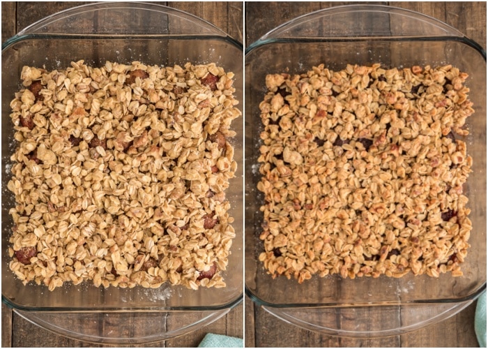 The crumble mixture on the cherries before and after baked.