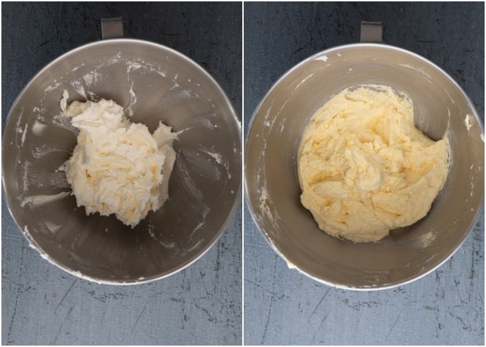 Beating the butter and adding the eggs.