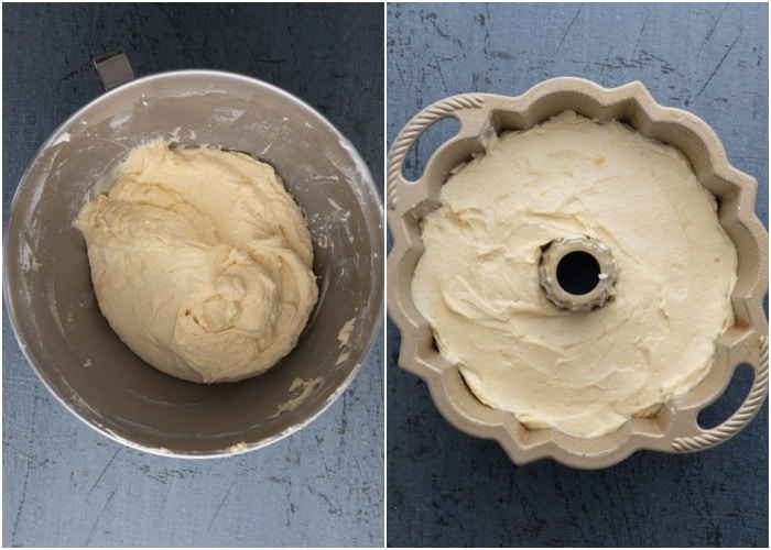 Beating in the dry and in the cake pan.