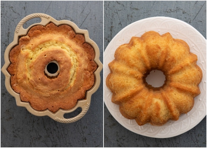 The cake baked in the pan and on a plate.